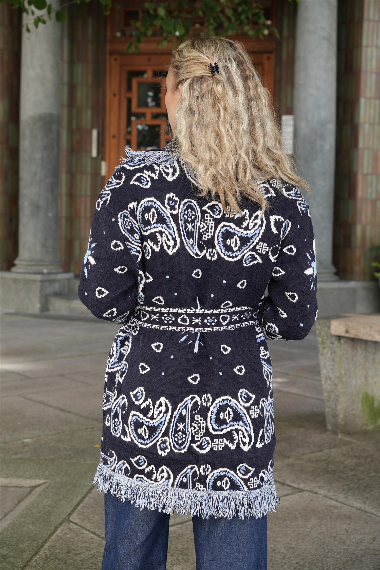 Long Fringed Paisley Jacket - Navy