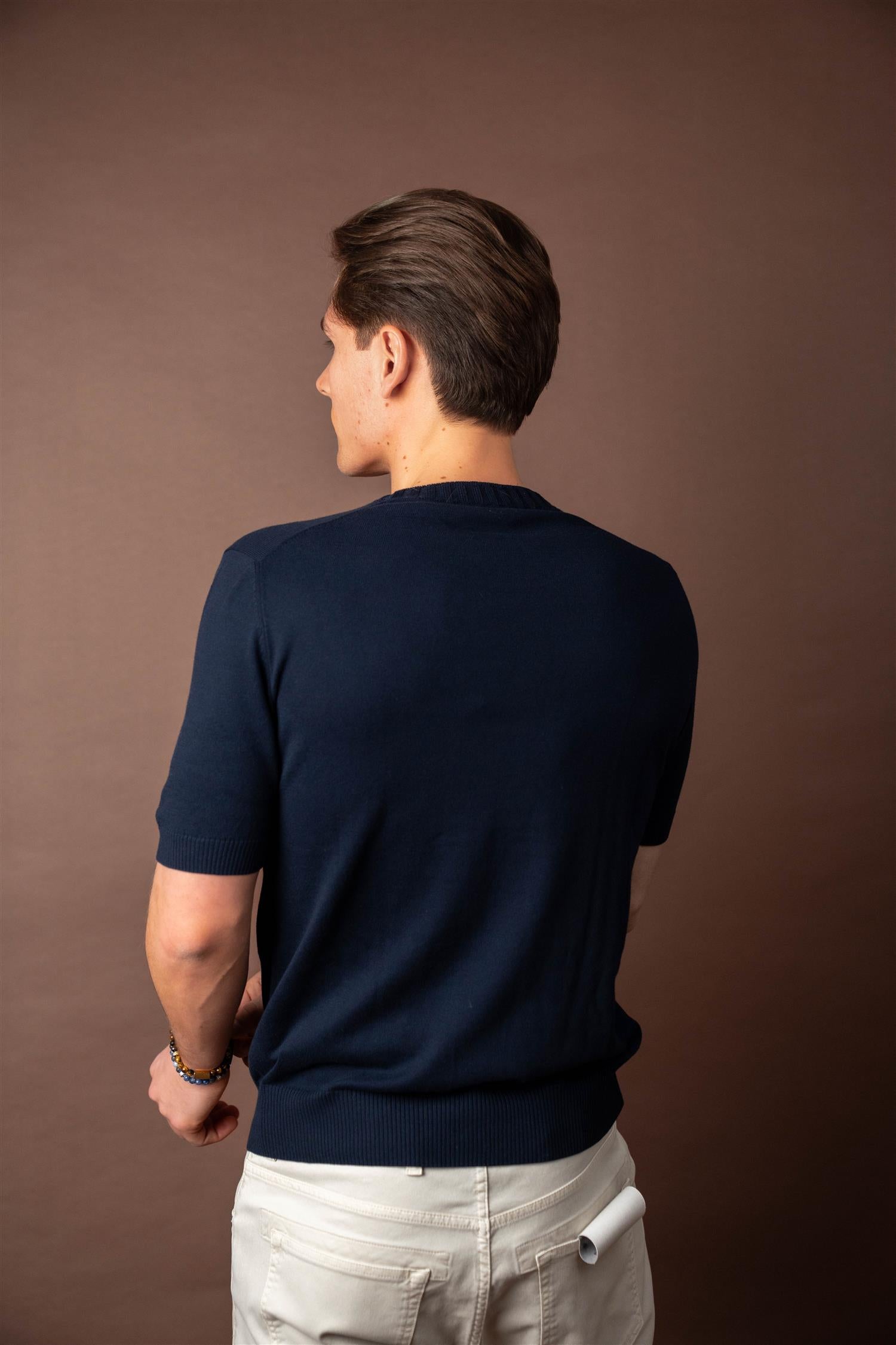Knitted Cotton T-shirt - Navy