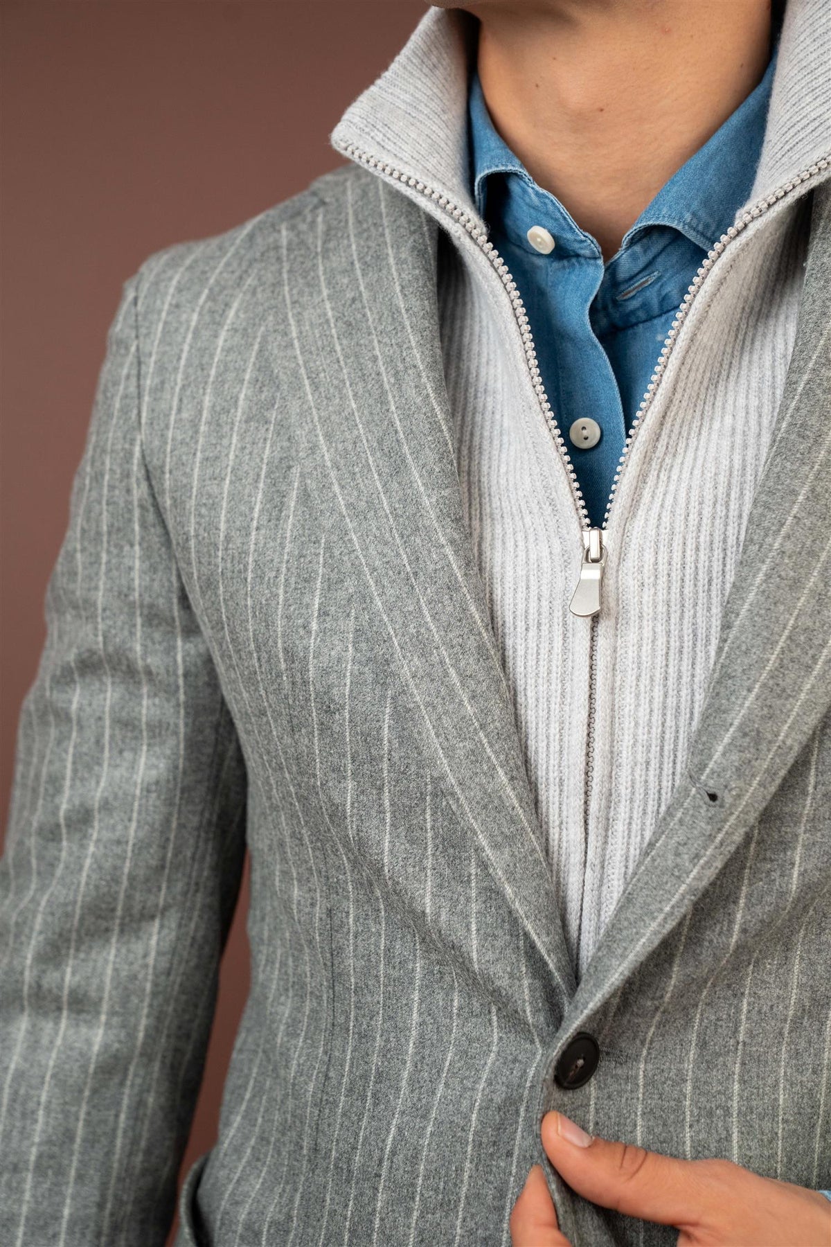 Zip Front Blazer - Pinstripe Grey