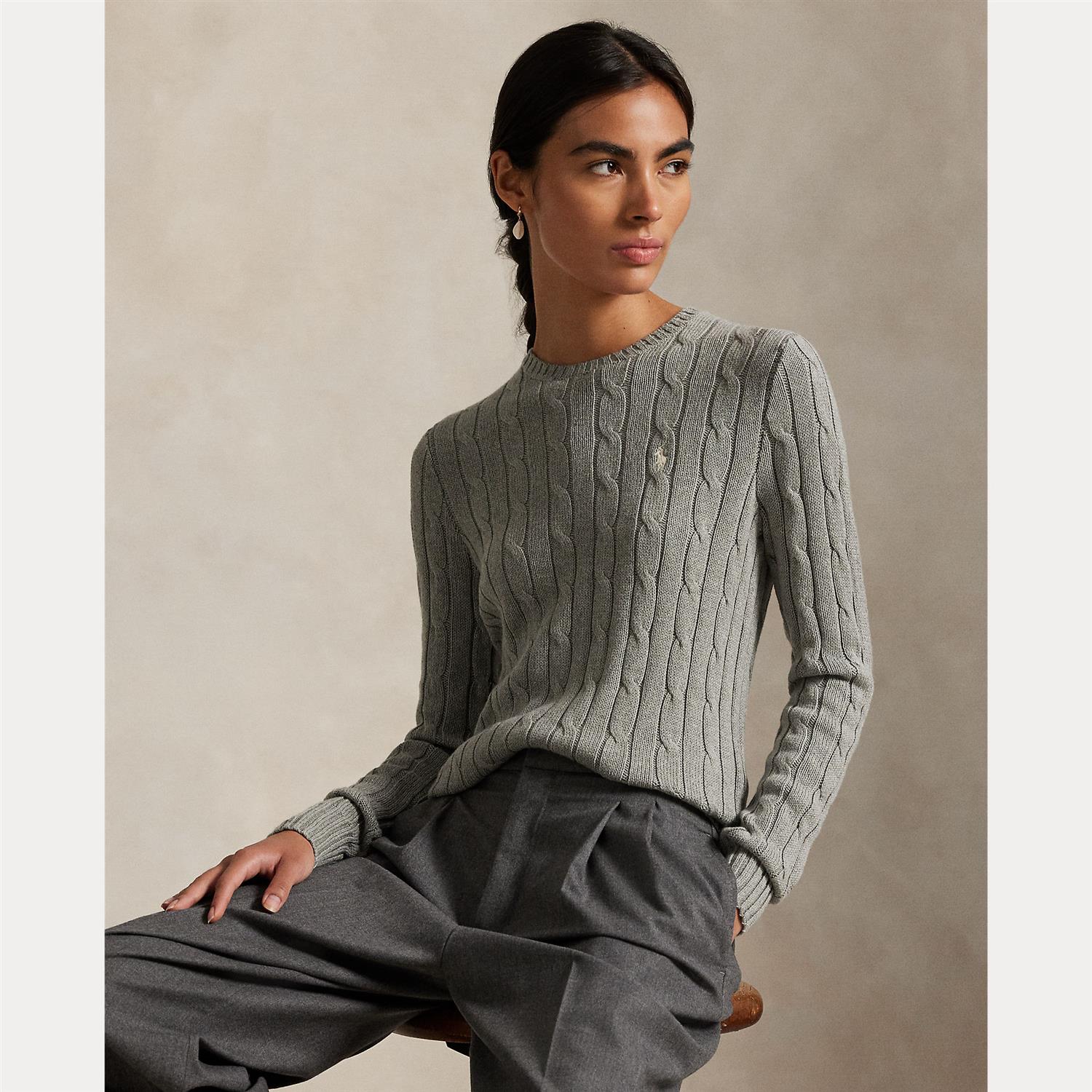 Cable-Knit Cotton Crewneck Sweater Grey