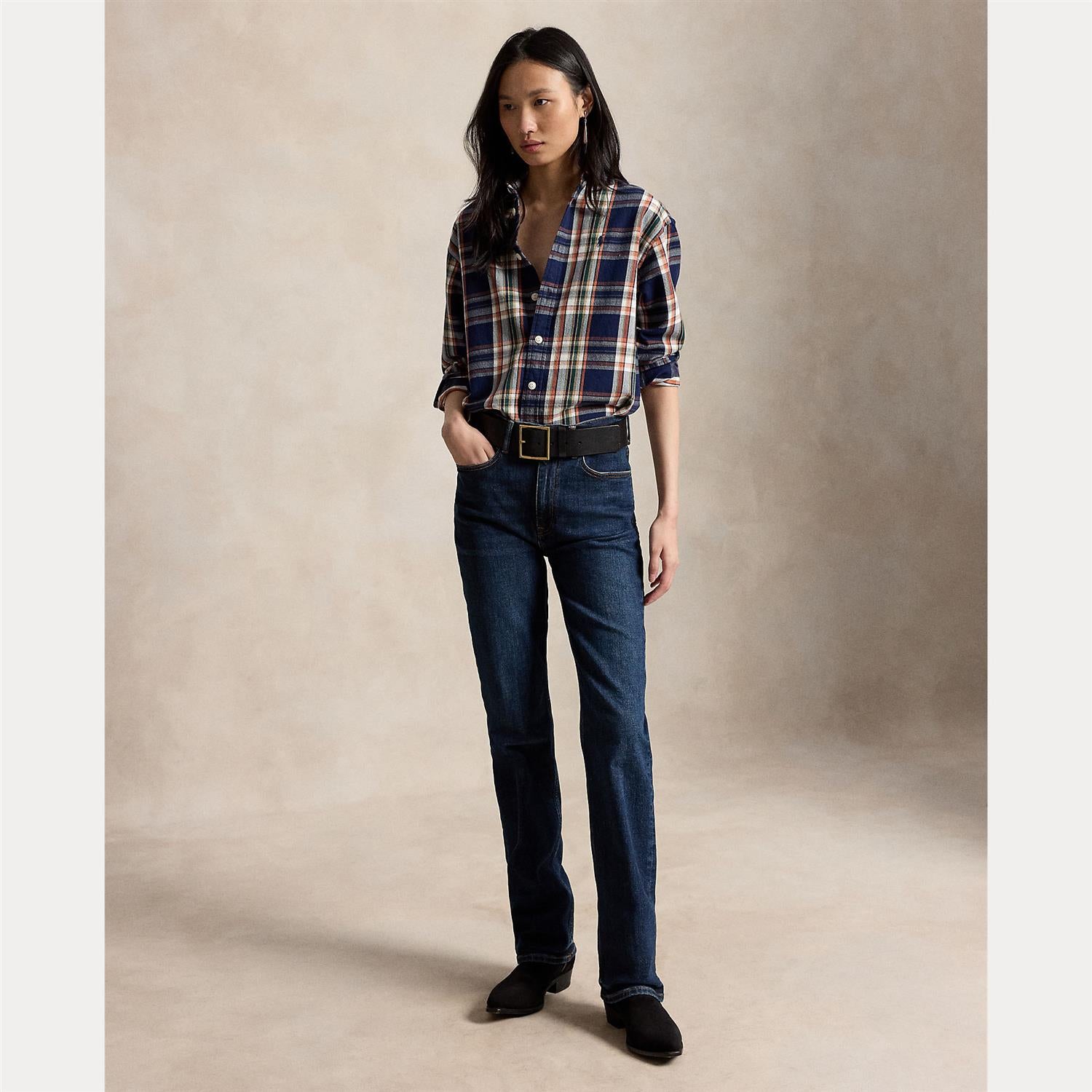 Relaxed Fit Plaid Cotton Shirt – Navy/Orange Multi