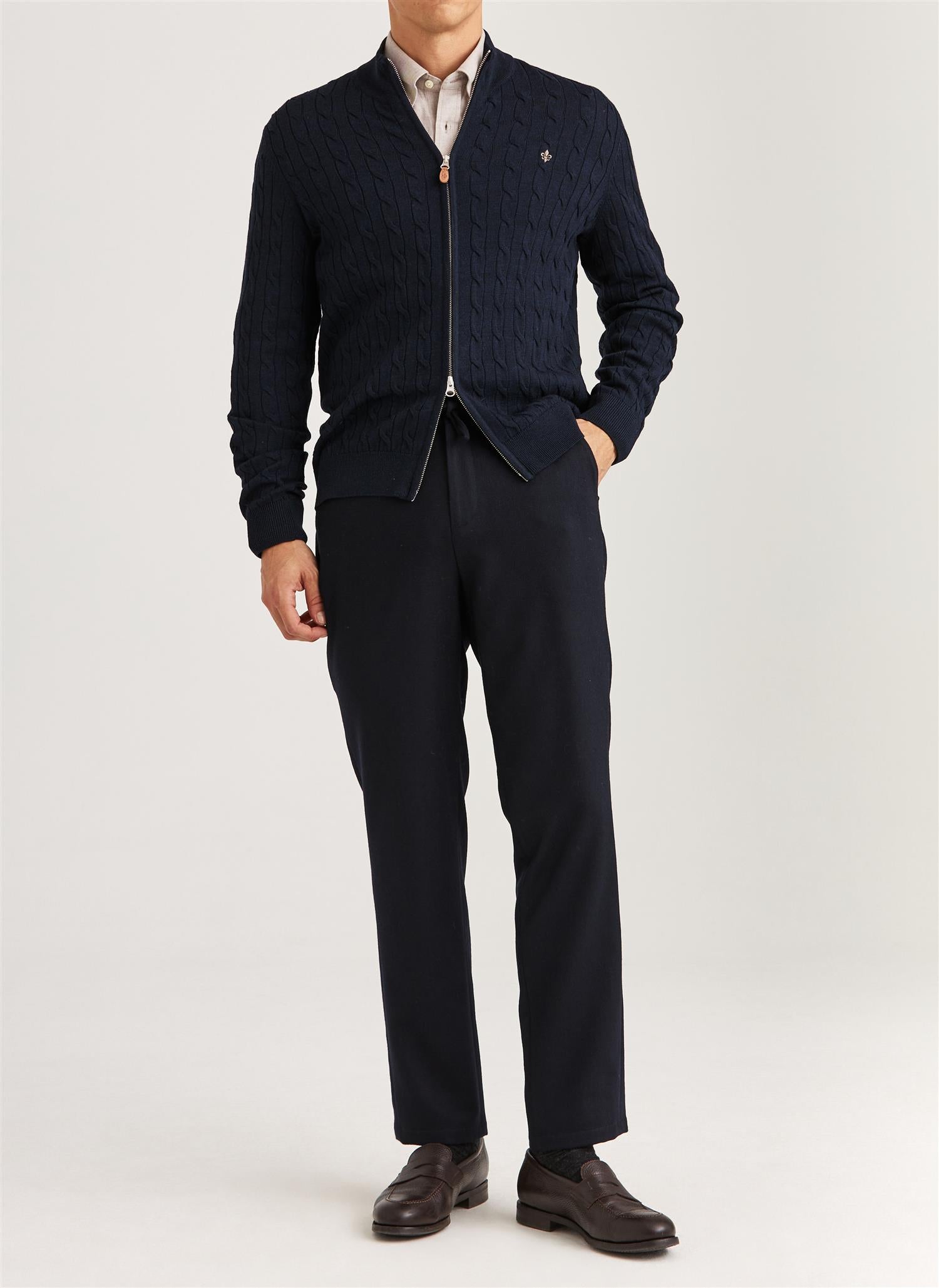 Merino Cable Zip Cardigan - Navy