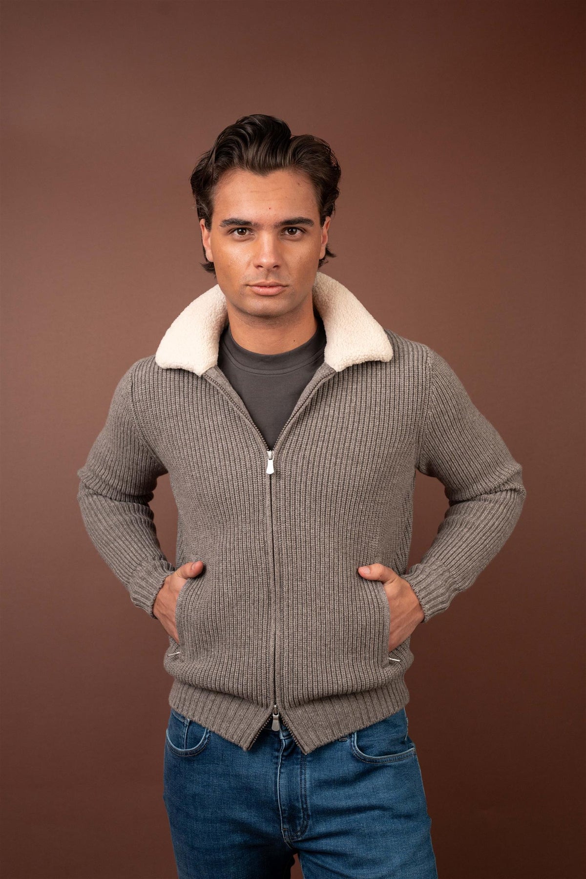 Full Zip Cardigan Sherpa Collar - Taupe