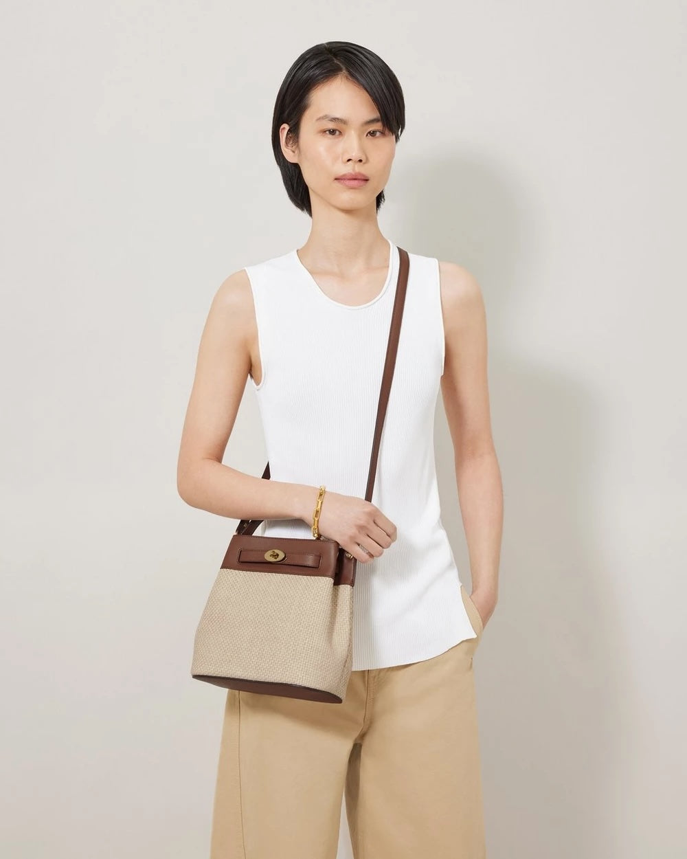 Islington Bucket Raffia & Leather Ecru-Bright Oak