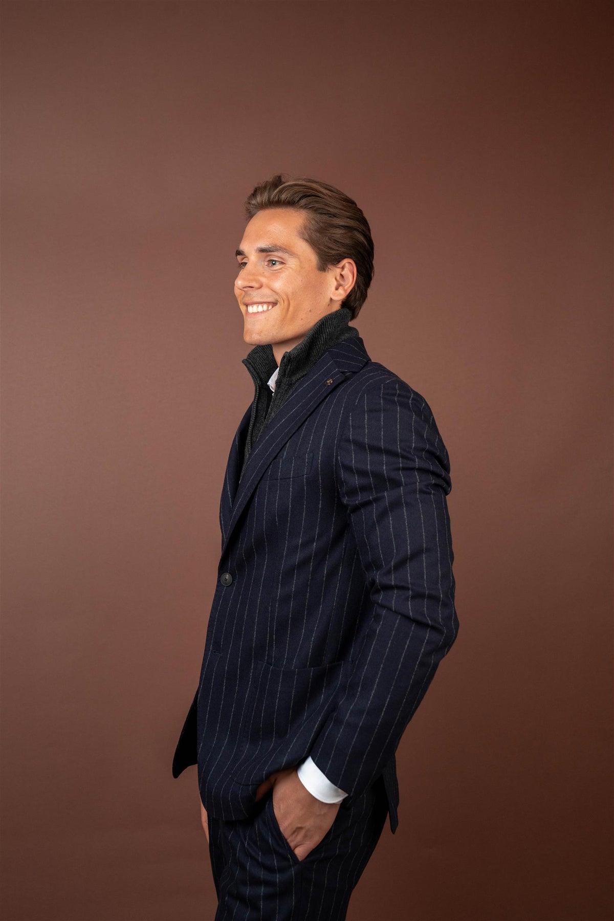Zip Front Blazer - Pinstripe Navy