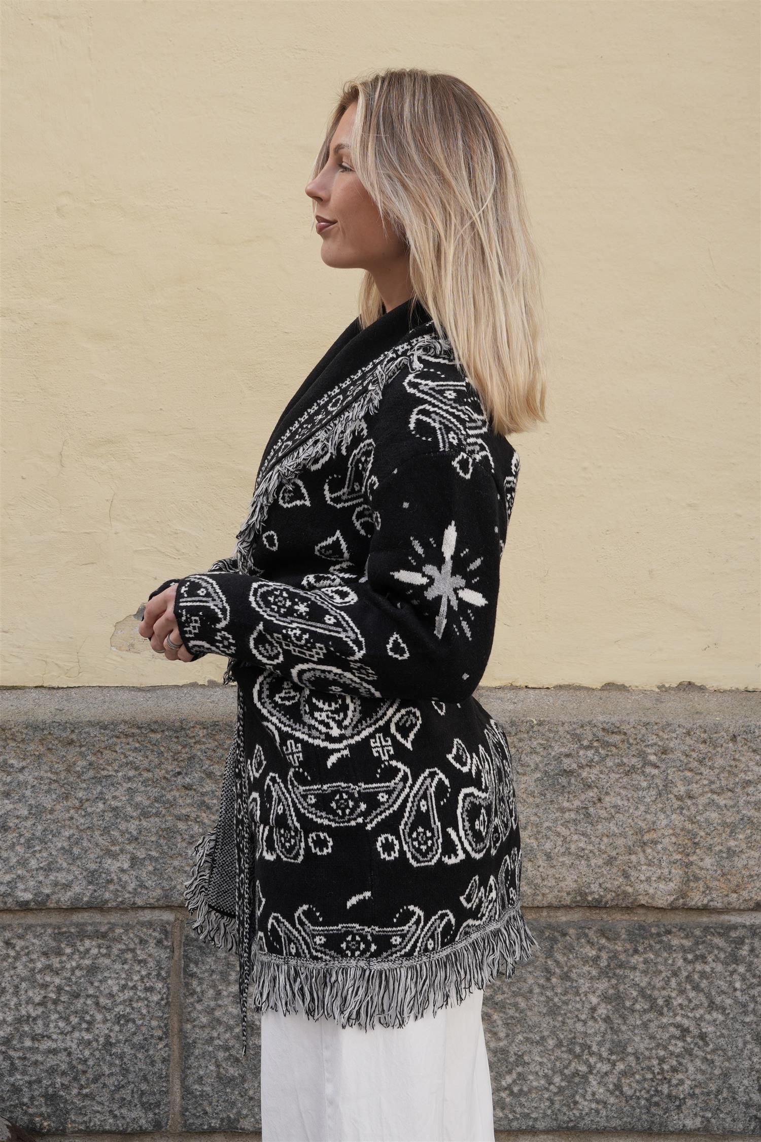 Long Fringed Paisley Jacket - Black