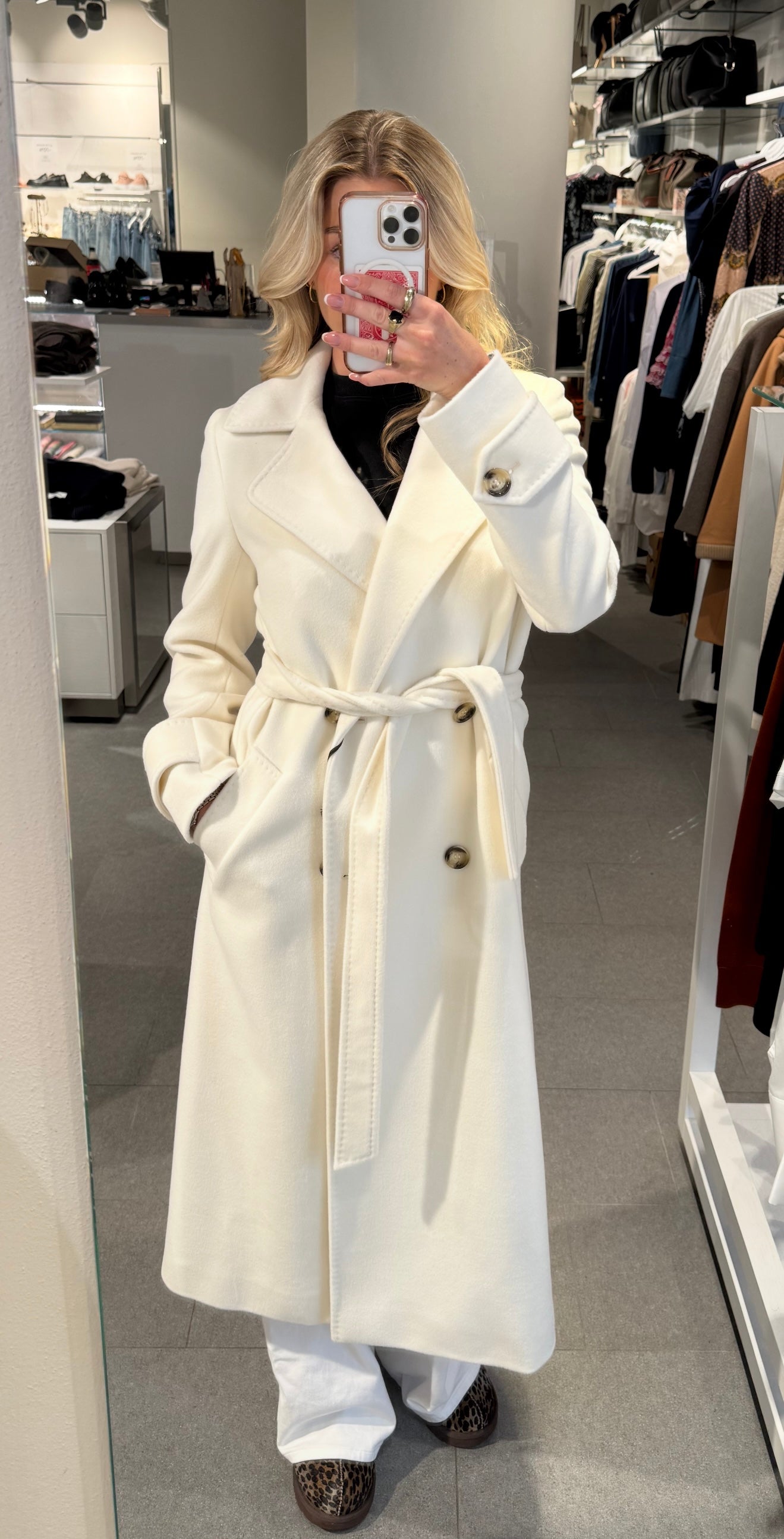 Long Coat White Belt and Buttons