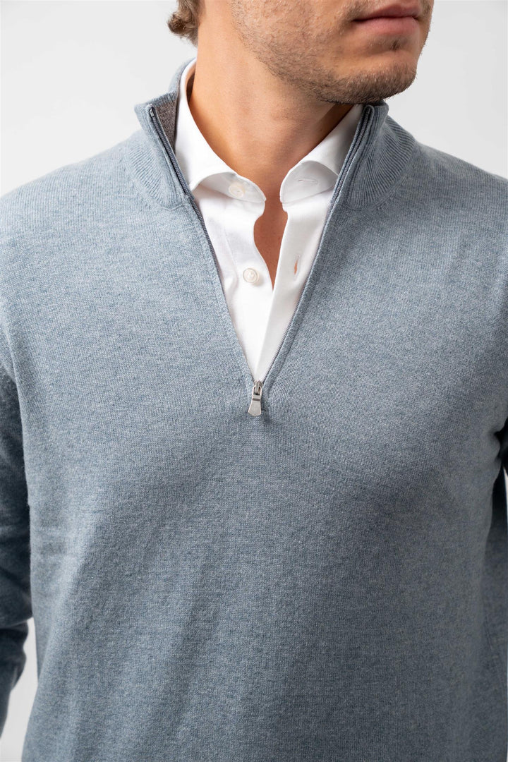 Half Zip Wool-Cashmere - Light Blue