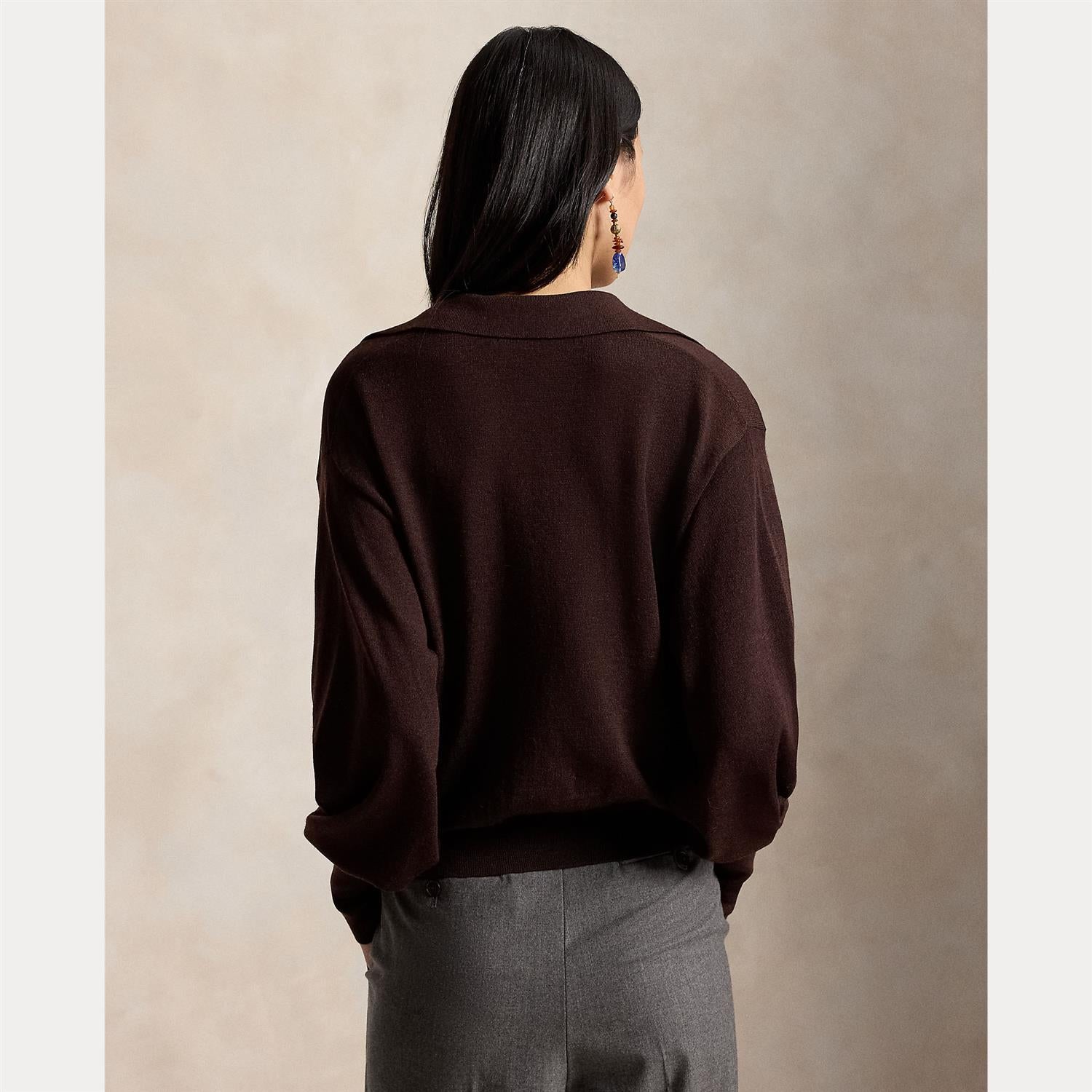 Polo-Collar Wool Blouson Cardigan Deep Chocolate Melange