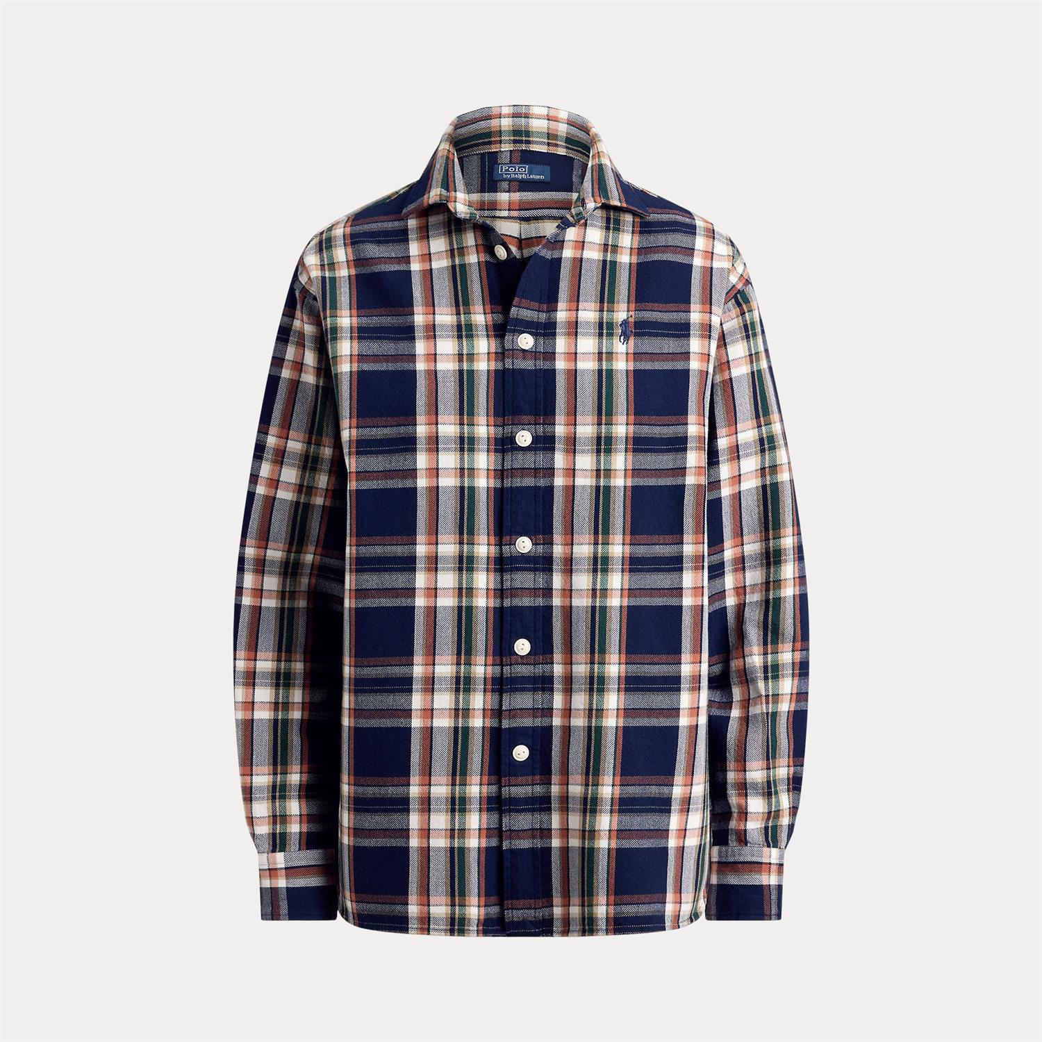 Relaxed Fit Plaid Cotton Shirt – Navy/Orange Multi