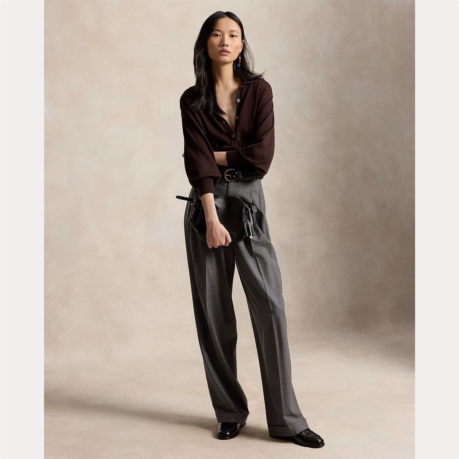 Polo-Collar Wool Blouson Cardigan Deep Chocolate Melange