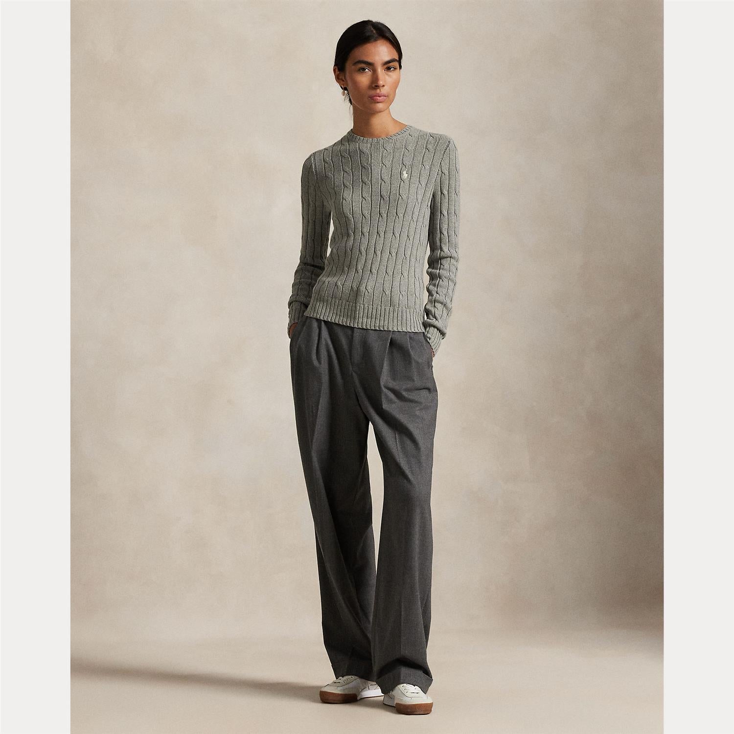 Cable-Knit Cotton Crewneck Sweater Grey