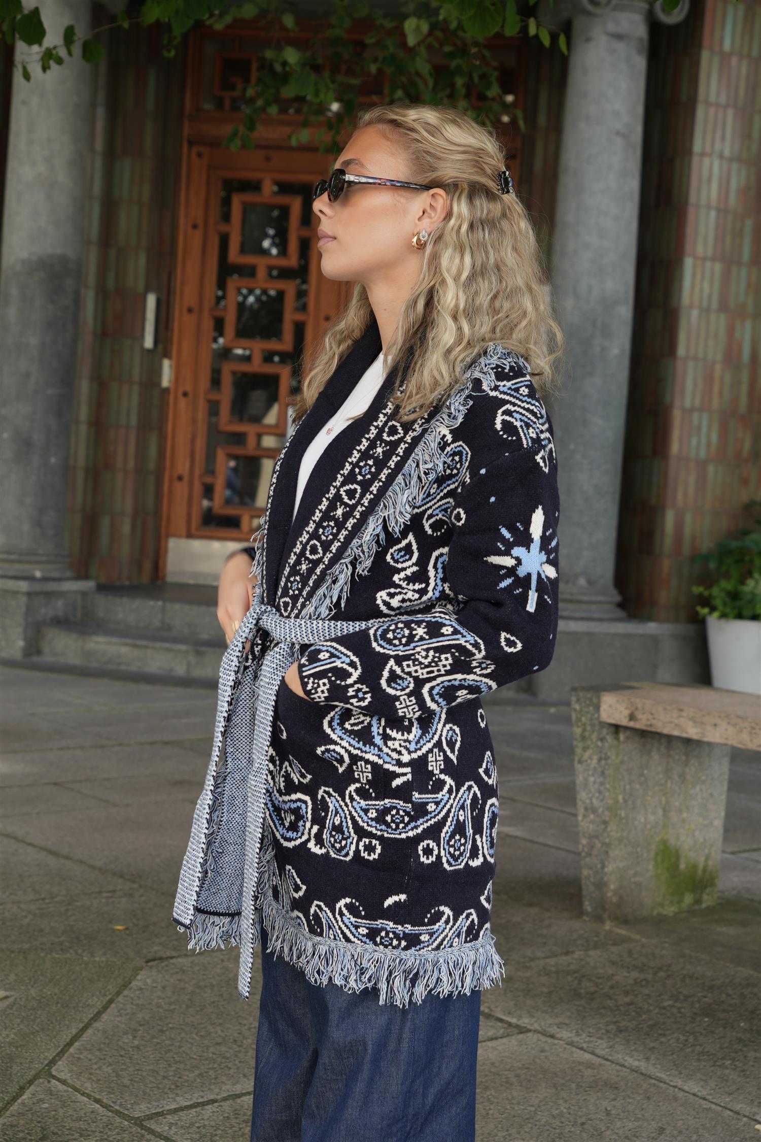 Long Fringed Paisley Jacket - Navy