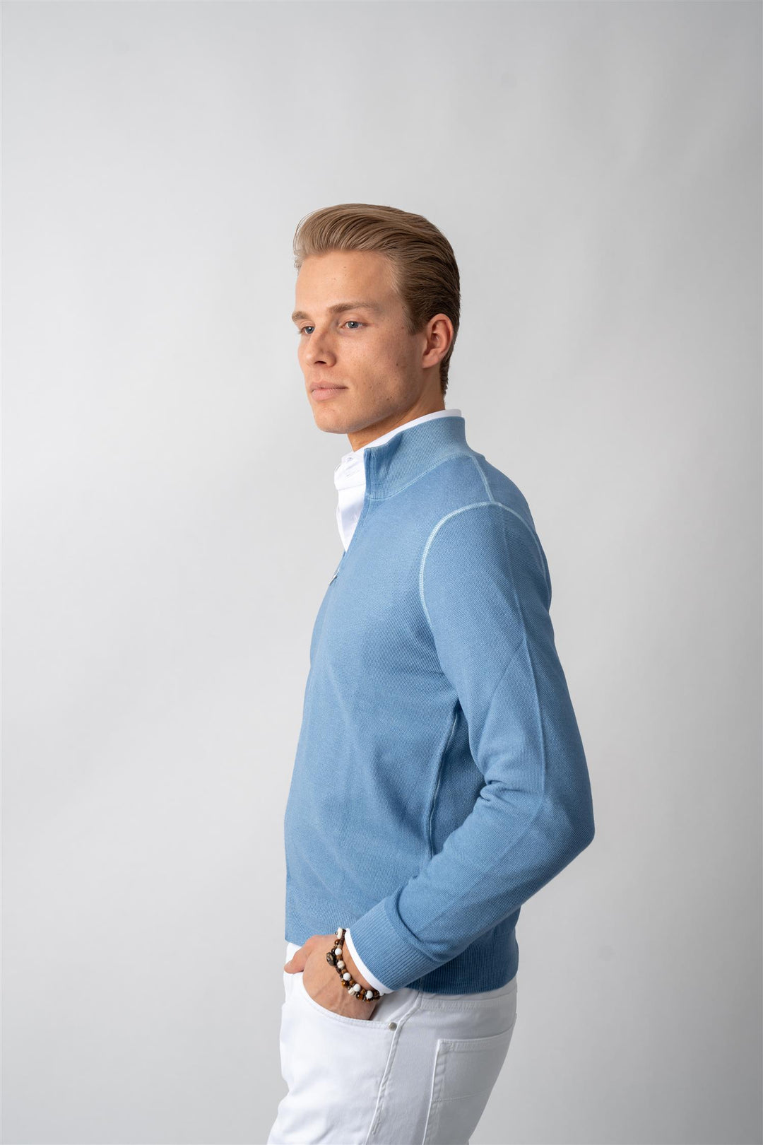 Full Zip Merino Knitted - Light Blue