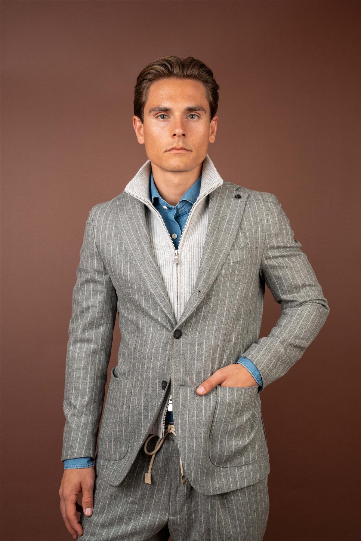 Zip Front Blazer - Pinstripe Grey