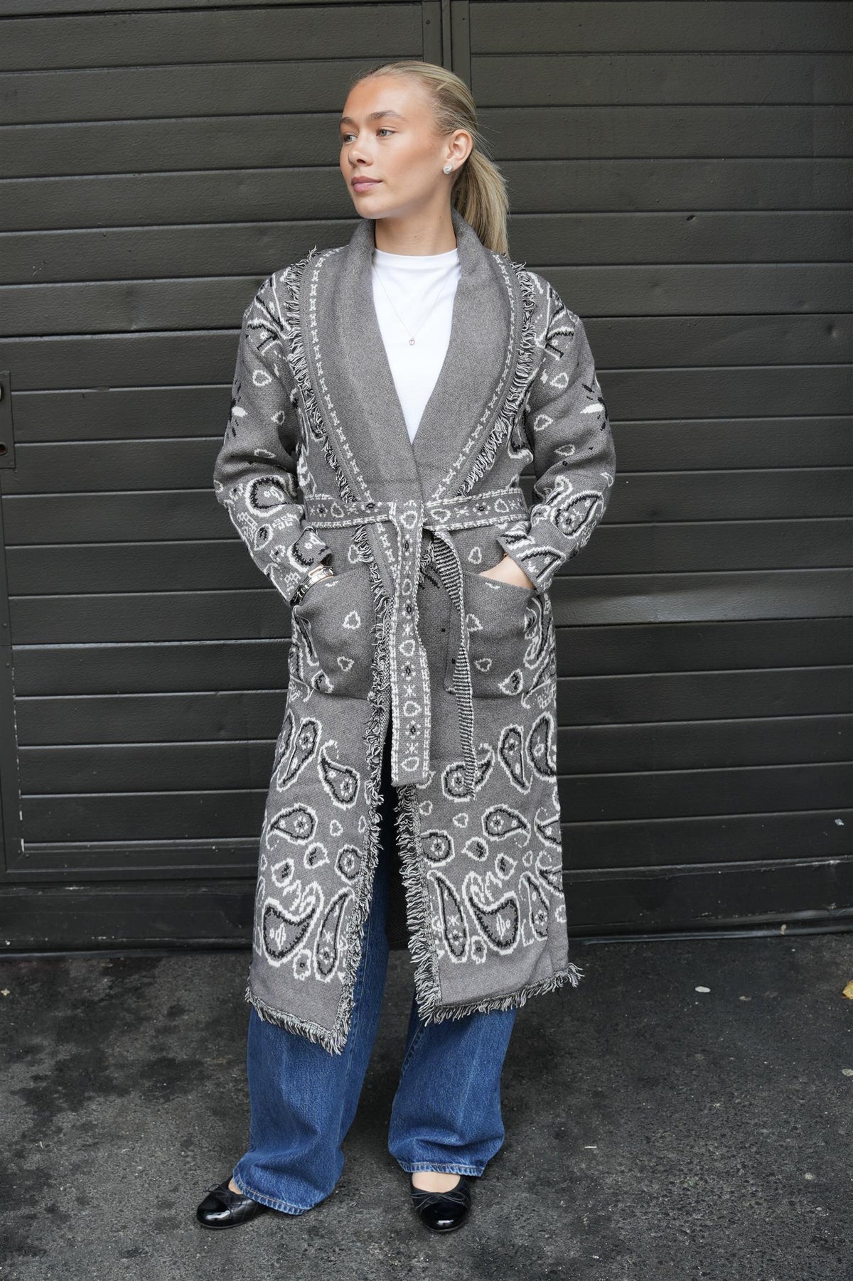 Fringed Paisley Jacket Maxi - Grey