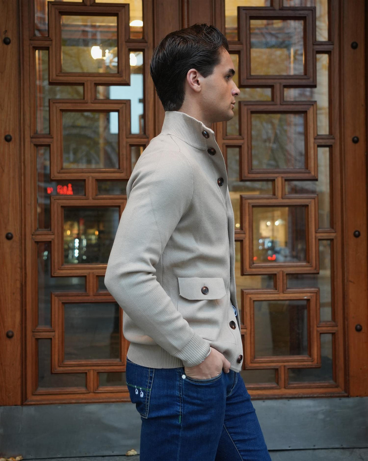 Knitted Cardigan Acrylic Wool Blend - Beige