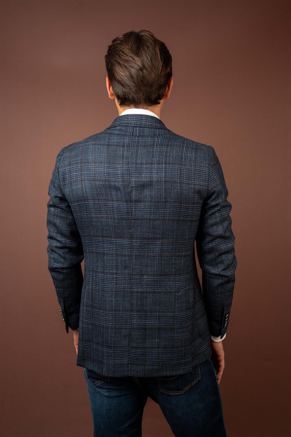 Check Silk Blend Blazer - Navy