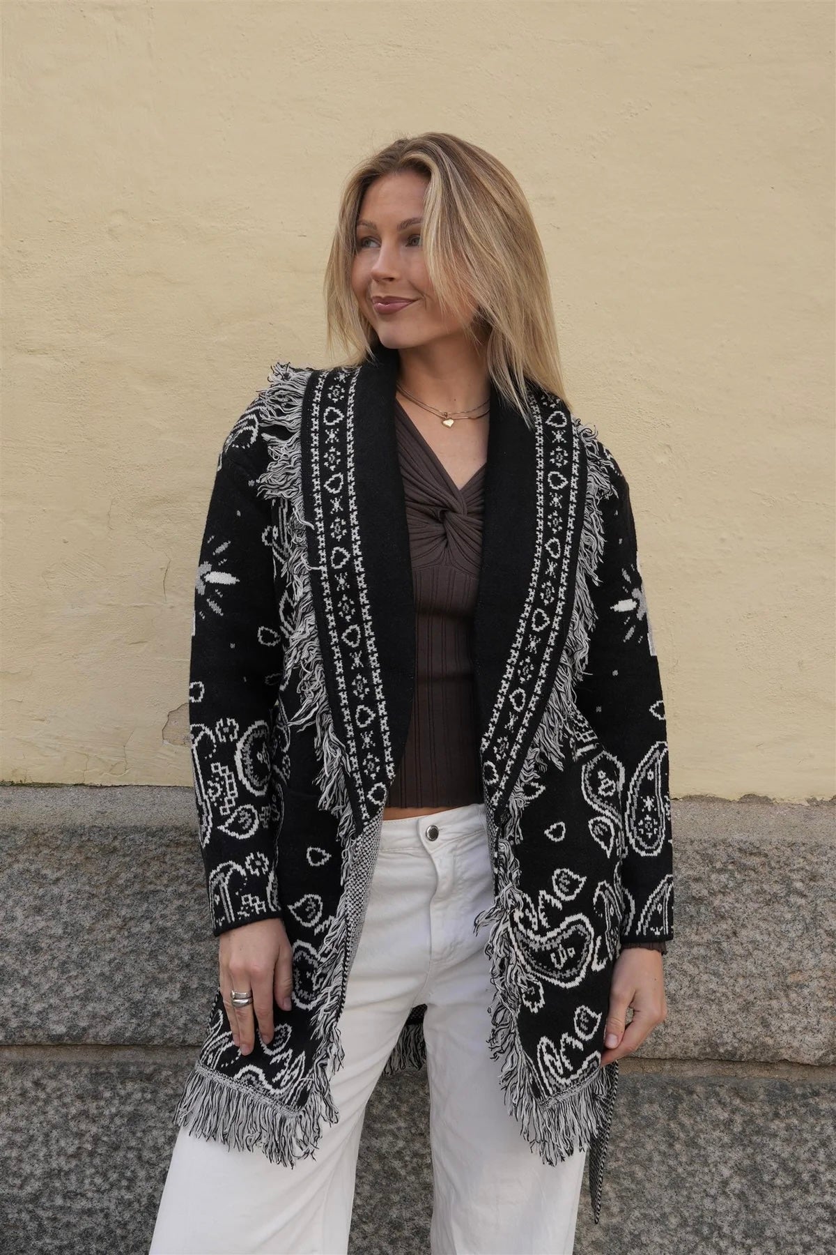 Long Fringed Paisley Jacket - Black