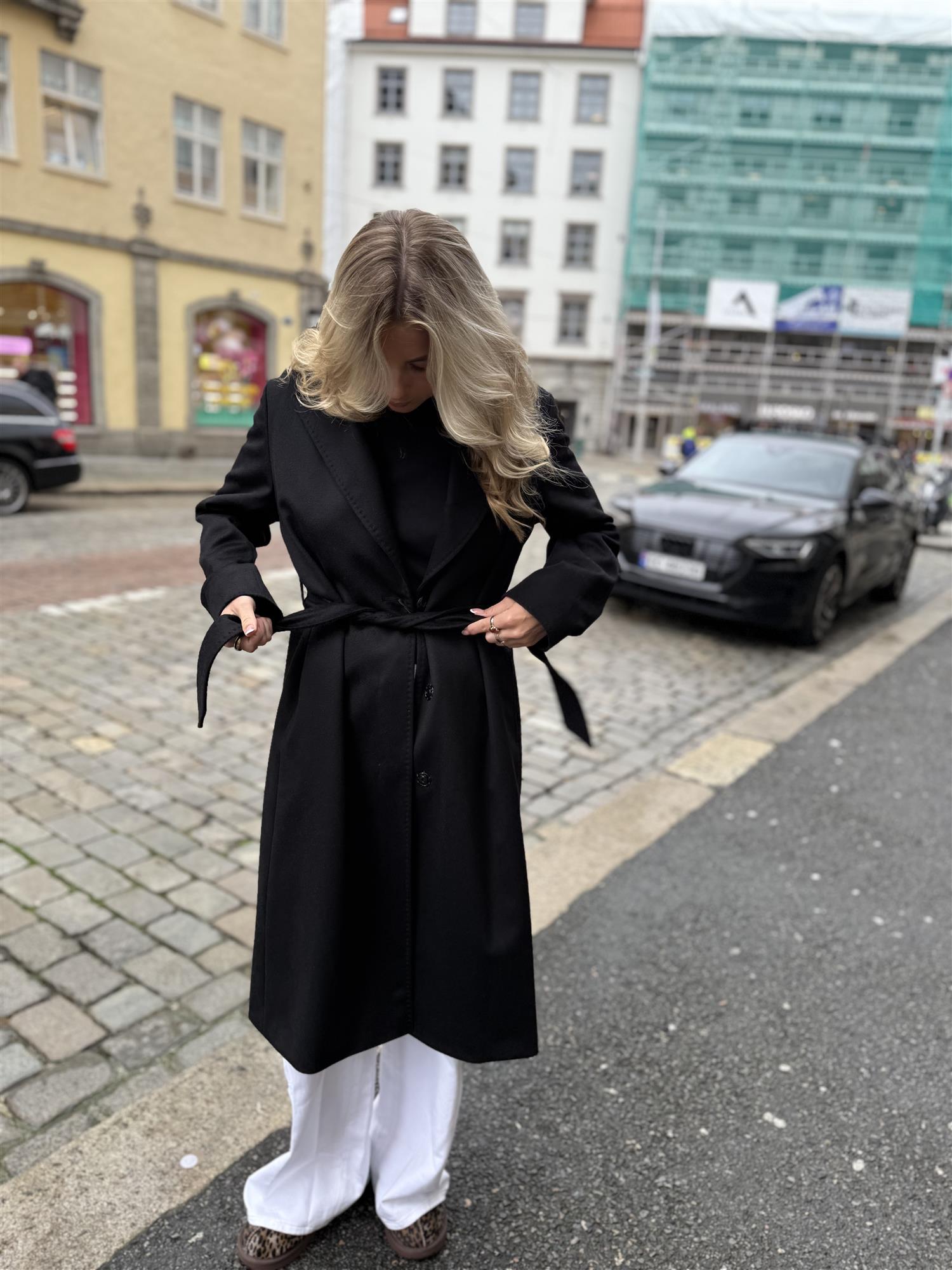 Long Coat Black Belt and Buttons