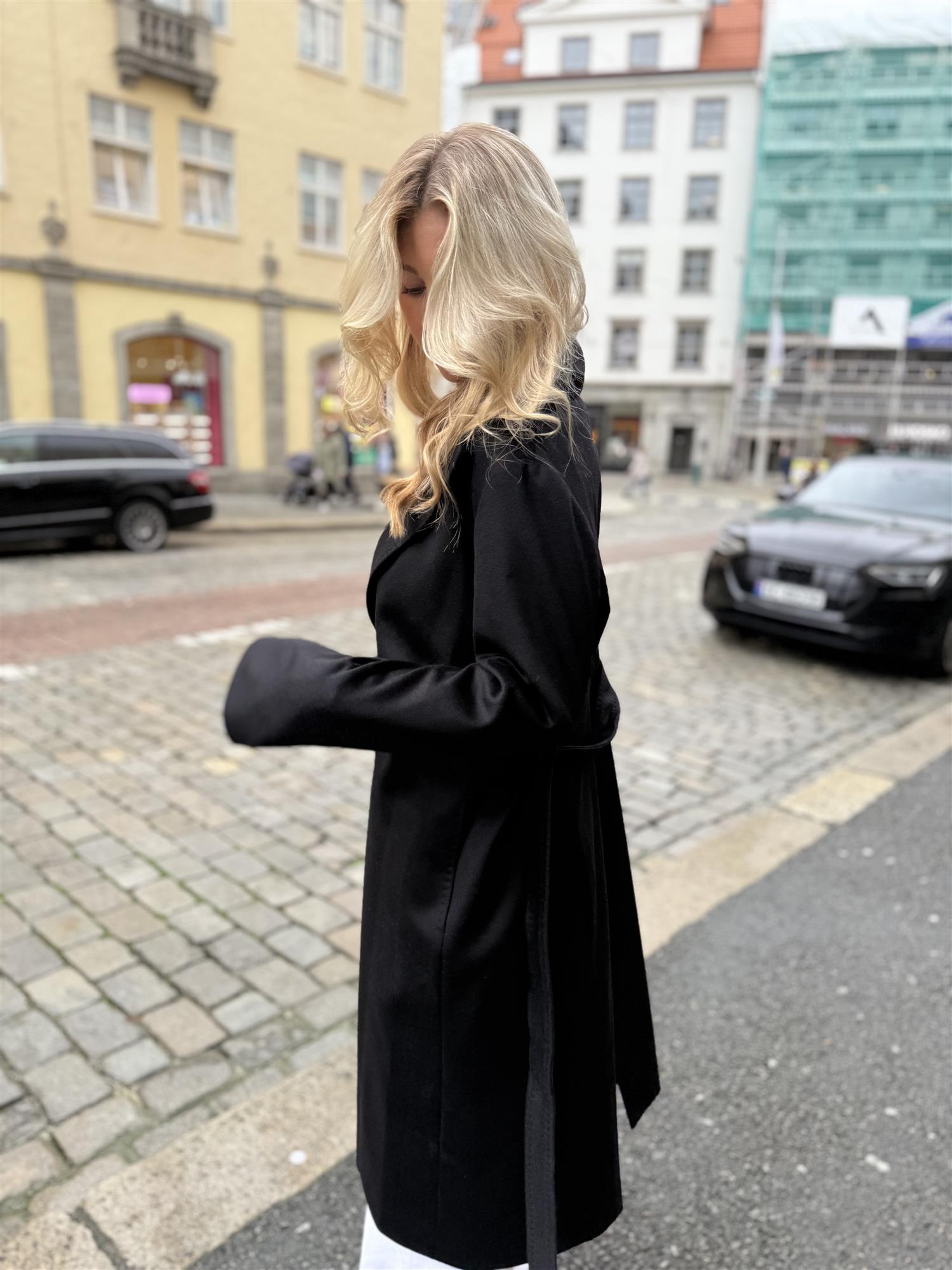 Long Coat Black Belt and Buttons