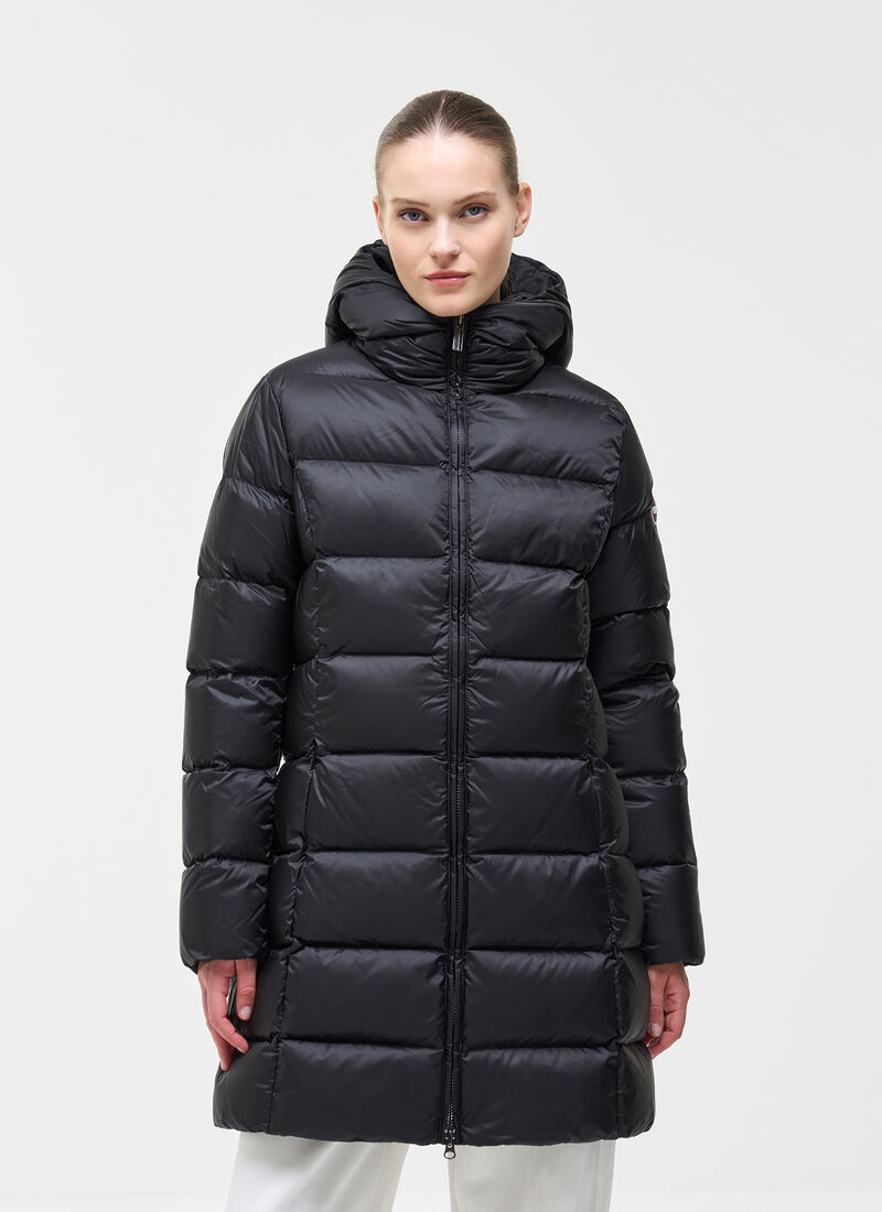 Long Down Jacket with Hood - Black
