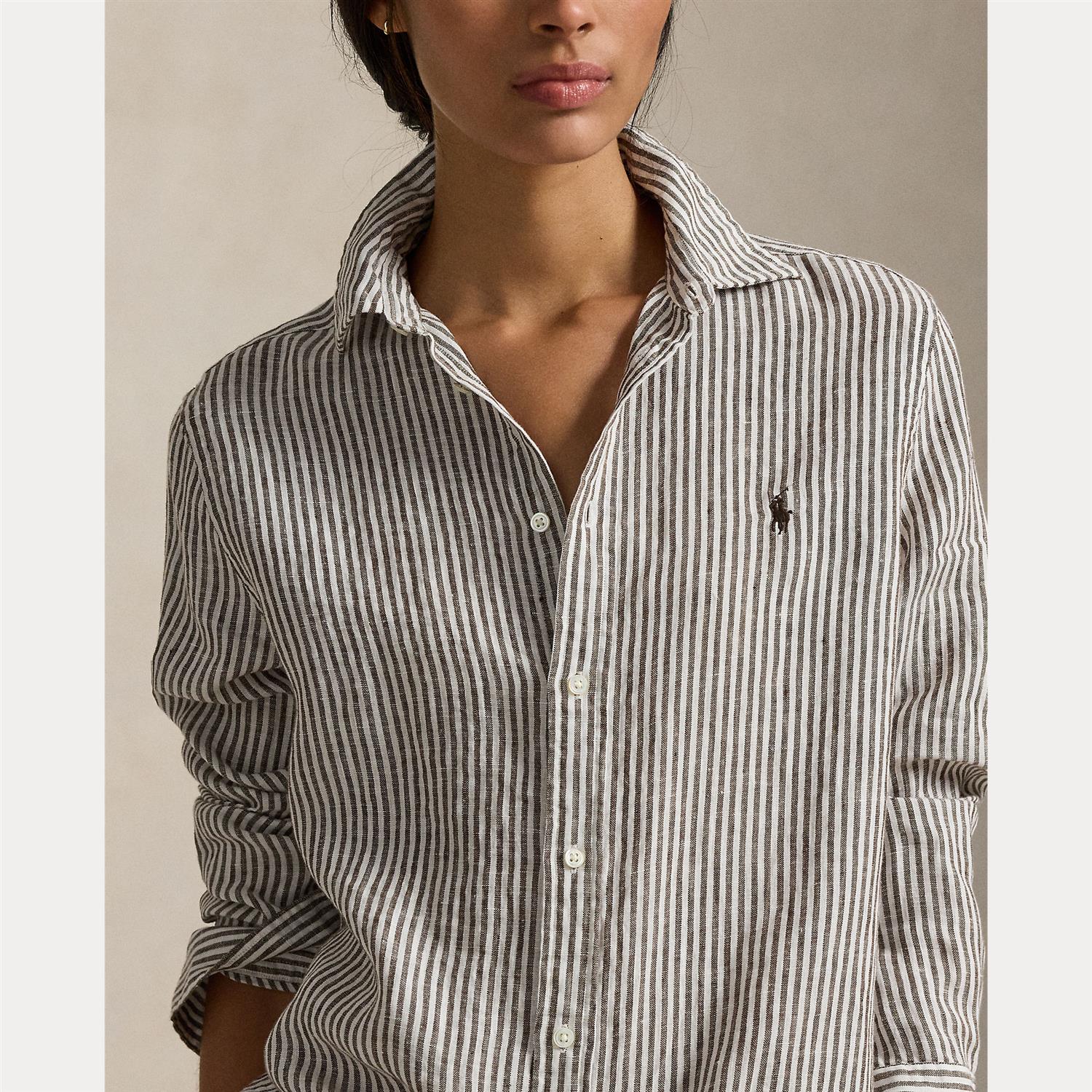 Woven-Sport Shirt White Brown Stripes