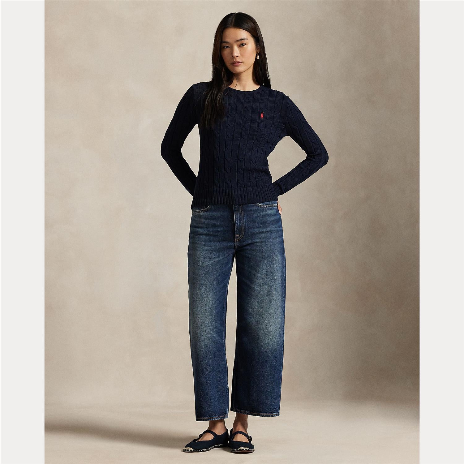 Cable-Knit Cotton Crewneck Sweater Hunter Navy