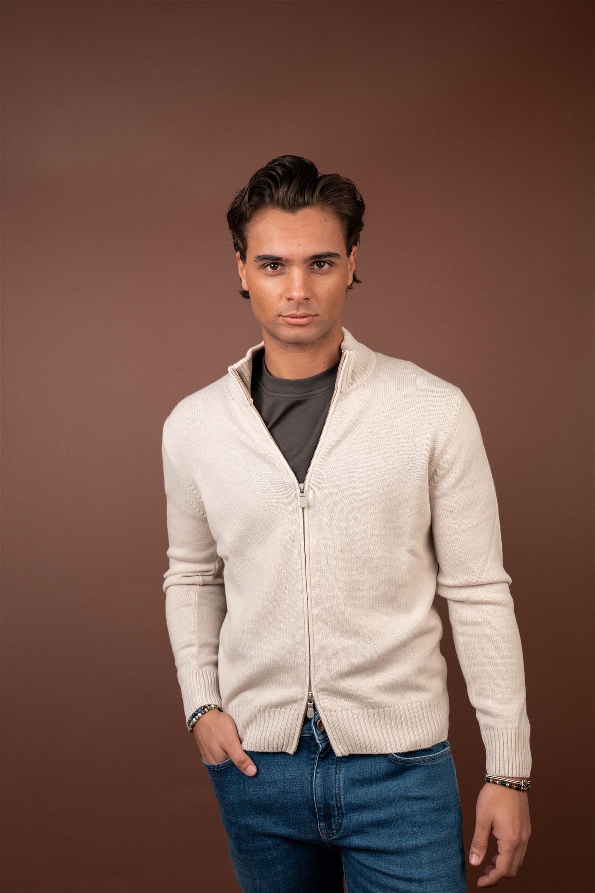 Full Zip Cardigan Wool - Cashmere - Beige