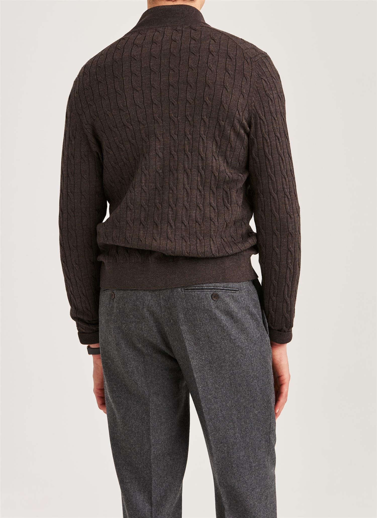 Merino Cable Zip Cardigan - Brown