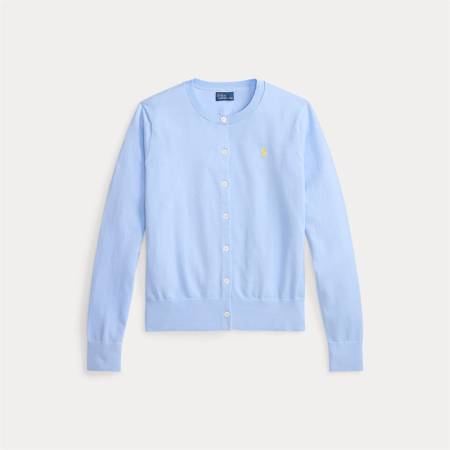 Stretch Cotton-Blend Crewneck Cardigan Baby Blue