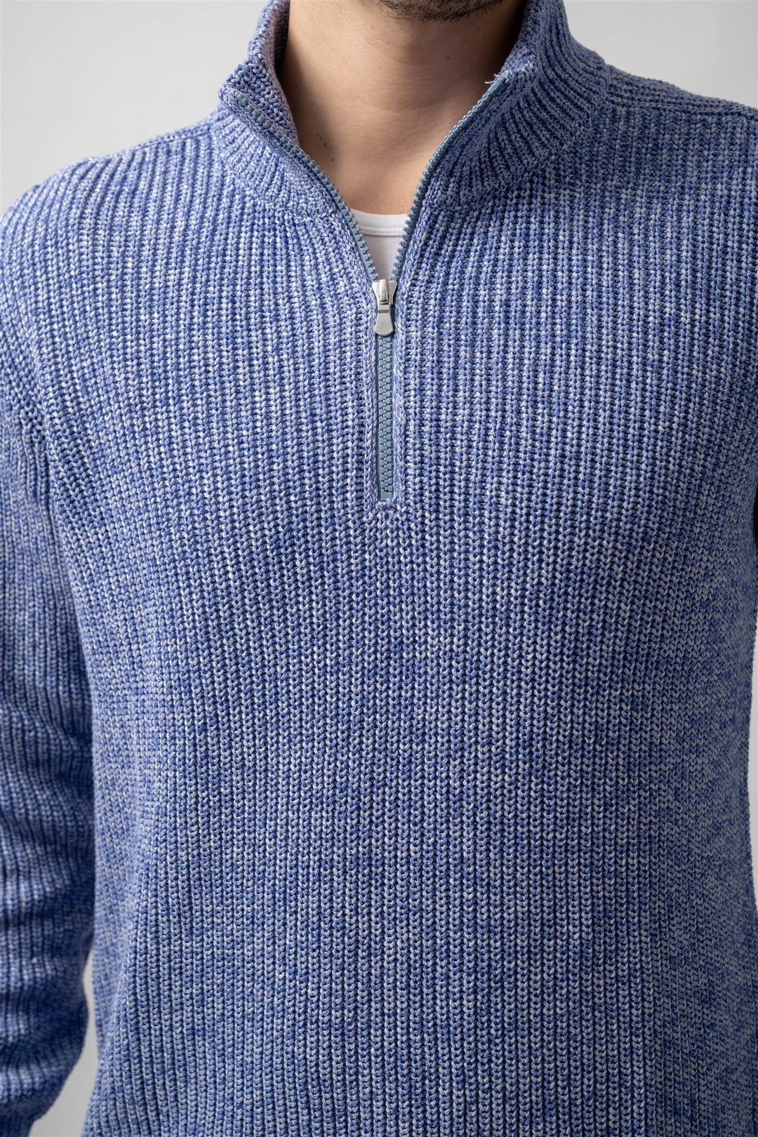 Knitted Cotton Zip Neck Blå