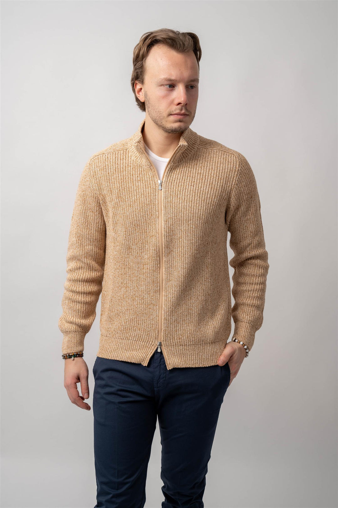 Knitted Cotton Full Zip Sand